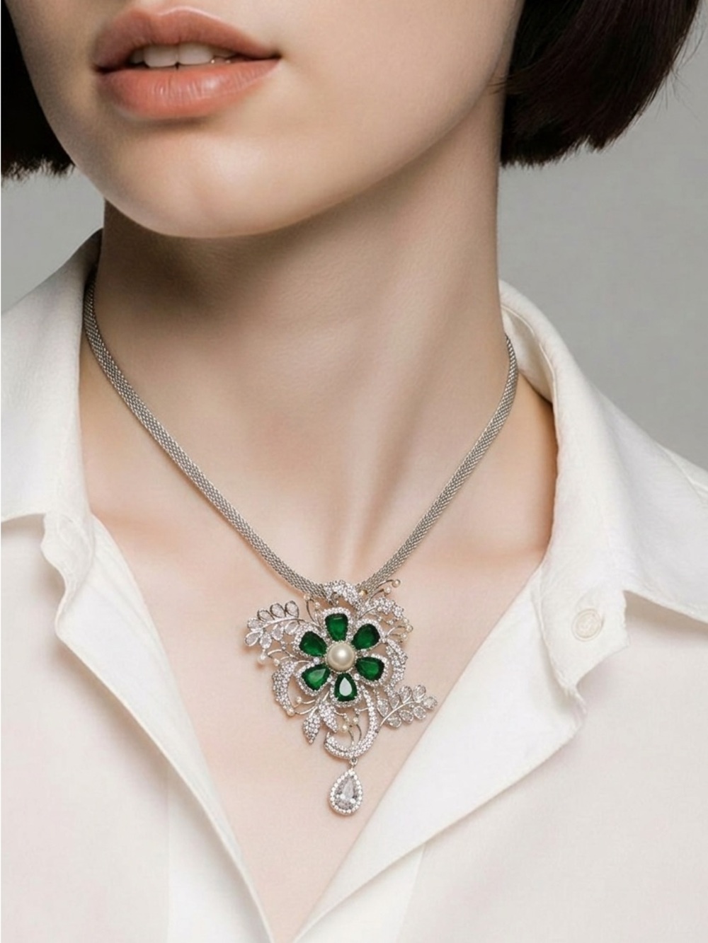 Elegant Silver Necklace with Emerald Green Flower Pendant
